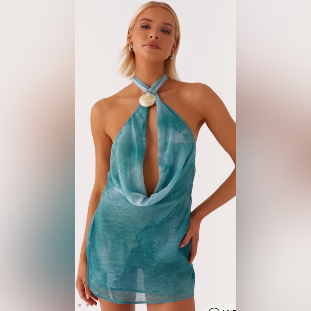 Green Tie Dye Halter Mini Dress with Shell Accent